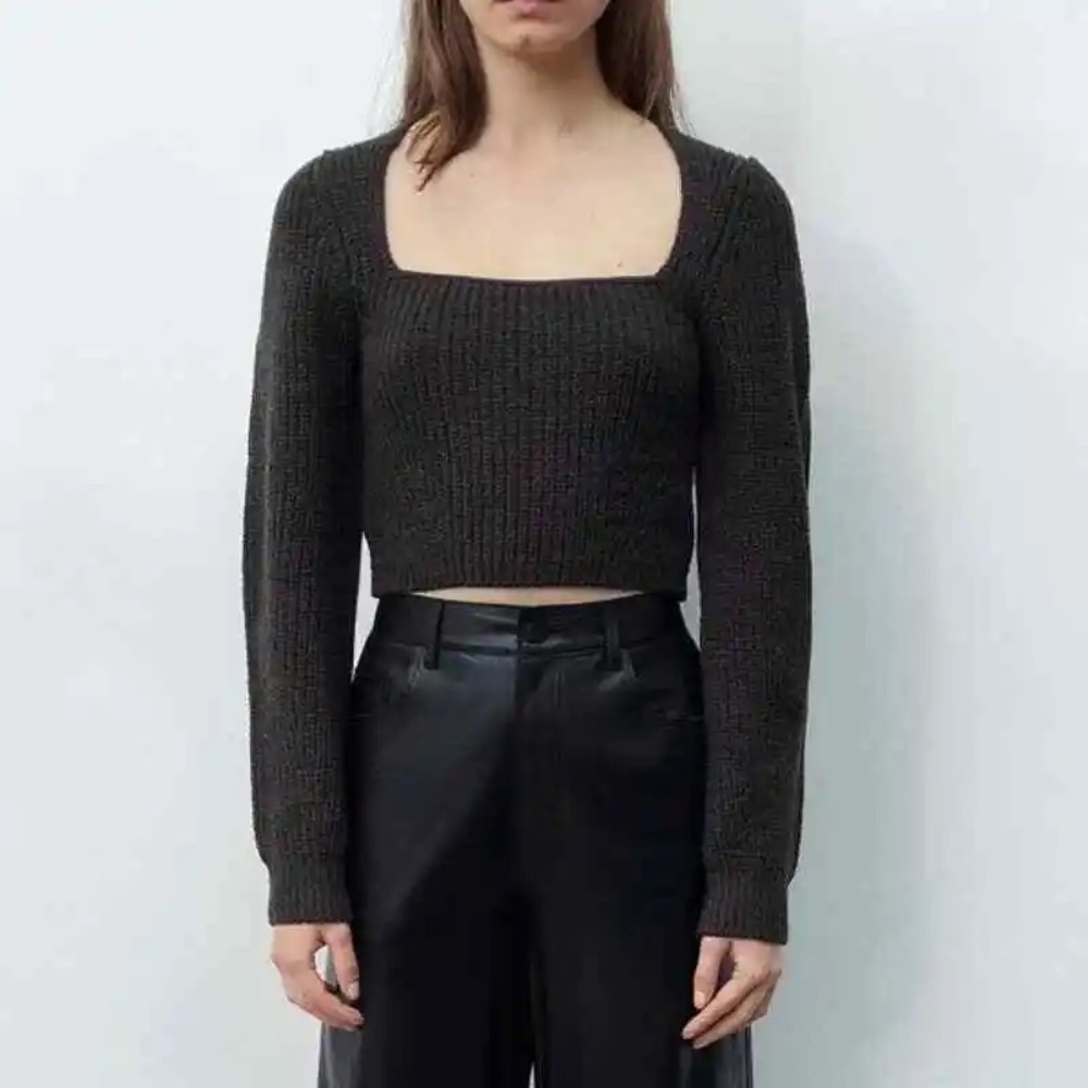 Zara - Wool Blend Square Neck Long Sleeve Cropped Sweater